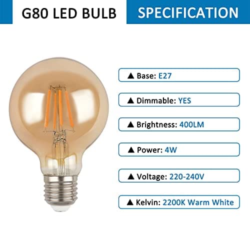 SCNNC Ampoule LED E27 Vintage Dimmable 4W G80 220-240V 400LM Blanc Chaud