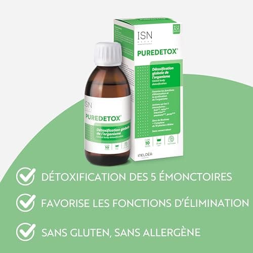 ISN - Puredetox® - Elimination des toxines - Action globale et ciblée sur les 5 émonctoires - Sans Sucre - Sans Gluten - Cure 10 jours