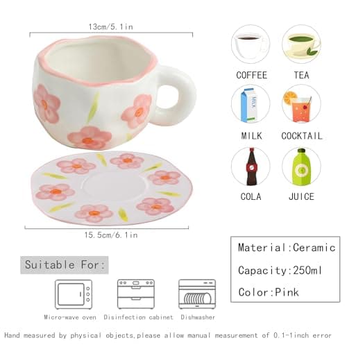 Disoza Set de Tasses à Café Avec Soucoupe Douces Fleurs Tasse Cadeaux d'Anniversaire Pour Les Femmes Tasse à Café avec Soucoupe 250 ML Céramique Tasse Cadeau d'Anniversaire Pour Les Femmes Fille Maman