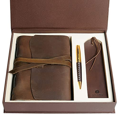 Coffret cadeau Journal en Cuir avec signet en Cuir Effet Vieilli + Stylo, Carnet de notes relié en cuir Carnet Journalier pour lui et pour elle Meilleur Coffret Cadeau De Luxe Carnet de voyage 18x13cm