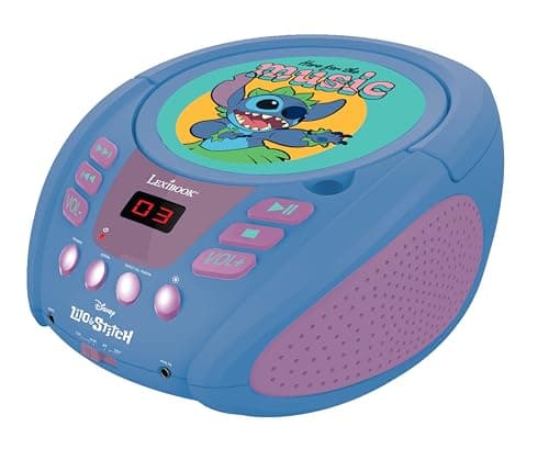Lexibook - Disney Stitch - Lecteur CD Bluetooth pour Enfants - Portable, Effets Lumineux, Prise Micro, Entrée aux-in, Pile ou Secteur, Filles, Garçons, Bleu, RCD109D