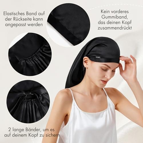 LILYSILK Bonnet de sommeil en soie de mûrier - 100 % soie de 19 momme - Long bonnet de nuit pour cheveux bouclés - Bonnet de nuit pour dormir - Bonnet en soie pour femme avec cheveux longs, Noir ,