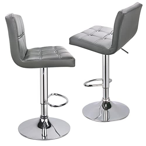 Leader Accessories Lot de 2 Tabourets de Bar,Double Couture Dos Carré avec Bouton Décoration, Réglage en Hauteur avec Dossier,Revêtement en PU, Rotatif à 360 Dégrées, pour Comptoir,Cuisine,Gris Clair