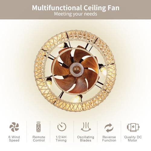 FIMEI Ventilateurs de plafond avec lumières et télécommande, 6 vitesses réversibles, 19'' ventilateur en corde de chanvre tissée à la main, éclairage pour salon, minuterie, 11W lumière, 20W DC Moteur