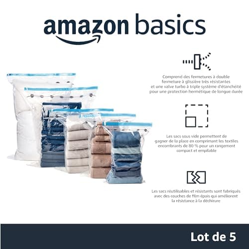 Amazon Basics housses de rangement sous vide avec pompe manuelle, Fermeture éclair, 5 pièces, Taille L, Clair