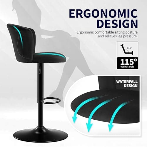 STOOLINK Tabouret de Bar Lot de 2 Chaise de Bar Tissu Velours Soie, Cuisine Siège Bar Réglables Chaises Bar, Tabourets de Bar avec Repose-Pieds, Convient pour Cuisine, Comptoir, Bar-Noir