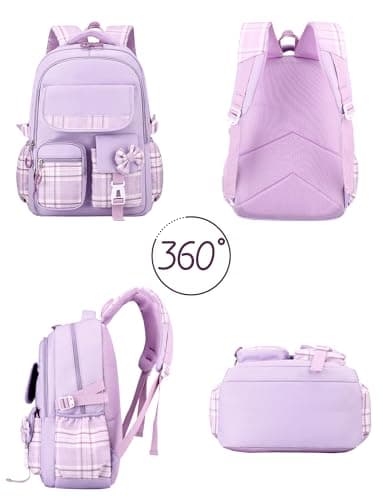 Adigau Sac à Dos Kawaii pour L'école Multipoches Grande Capacité Sacs à Livres Réglable Imperméable Étudiant Cartable Violet