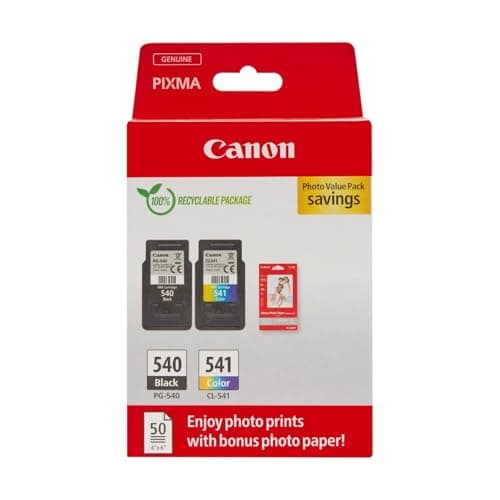 Canon Pack Encre & Papier - PG-540/CL-541 Cartouches d'encre Authentiques pour imprimante - 2 Packs (1x Noir, 1x Couleur) & Papier Photo 4x6 (50 x Feuilles) - Compatible avec l'imprimante PIXMA