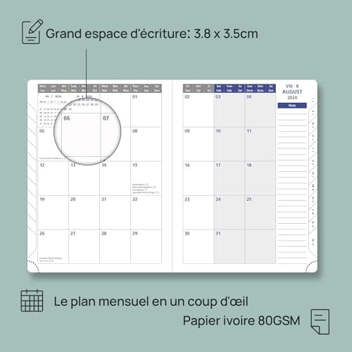 POPRUN Agenda 2025 Semainier 22 x 16,5 cm De Août 2024 à Déc 2025, Premium Planner Scolaire 17 Mois, Couvercle en cuir de coton PU, Onglets Mensuels, Papier Certifié FSC® 100 g/m2 - Marron