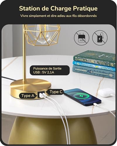EDISHINE Lampe de Table LED E27 Ampoule Dimmable à 3 Niveaux, USB A & USB C Port de Charge, Contrôle Tactile, Lampe de Chevet Industrielle avec Abat-jour en Forme de Diamant, Doré, 2pcs