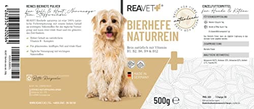 Poudre de levure de bière ReaVET pour Chiens et Chats 500g - levure de bière moulue Pure Contre la Chute des Poils et Les tiques, vitamines B Naturelles et biotine pour Chiens et Chats