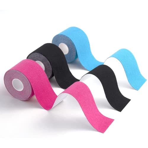 CareHabi - Bande de kinésiologie de sport pour les muscles, 5 m x 5 cm, 3 rouleaux (1 x bleu, 1 x rose, 1 x noir), bande de kinésiologie étanche & élastique pour le sport