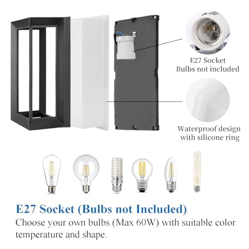 Klighten Applique Murale E27 Extérieure Intérieur, Max 60W, Lampe Murale Moderne Imperméable IP65, Éclairage Mural pour Couloir Entrée Balcon, PC + Aluminium, Ampoule non Incluse, Noir