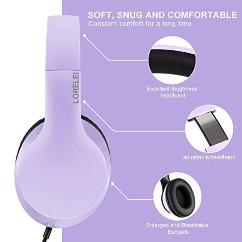 LORELEI X6 Casque supra-auriculaire filaire avec microphone, léger, pliable et portable avec basses stéréo sans nœuds de 1,45 m pour smartphone, tablette, MP3/4 (violet/noir)