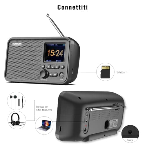 LEICKE Radio portátil Dab+ Con Bluetooth 5.0, Radio Dab/Dab+ y FM, Pantalla a Color de 2,4 Pulgadas, Radio de Cocina Con Cable, batería de 4000 mAh, conexión MicroSD/TF/AUX, Funciones de Alarma