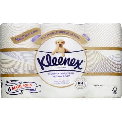 KLEENEX Dermo Douceur - Papier Toilette (4 paquets de 6 rouleaux) - triple épaisseur - 100% de fibres naturelles - sans parfum - ni colorant