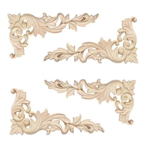 Gativs Bois Sculpté Decoration 4 Pièces Moulure Decorative Bois Applique en Bois Décalque Sculpté Bois Non Peint Sculpté Meuble Sculpté Onlay Applique en Bois pour Décoration Meuble,20 * 10cm