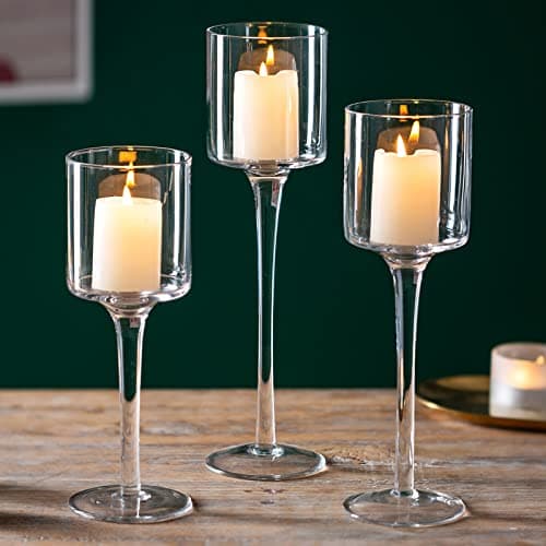 Sziqiqi 3 Pièces Bougeoir en Verre, Chandelier Support pour Bougies Piliers Chauffe-Plat Transparent, Moderne Candélabre Photophore pour Table Deco Salon Noel Maison Cadeaux de Mariage Fêtes