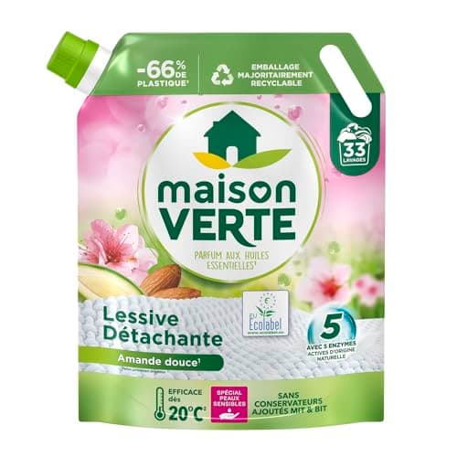 Maison Verte - Recharge Lessive Liquide - Parfum aux Huiles Essentielles - Lessive Détachante - Amande Douce - Peaux Sensibles - Efficace dès 20°C - 5 Enzymes Actives d'Origine Naturelle - 33 Lavages