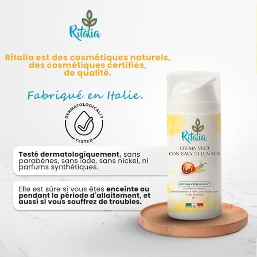 100ml BIO CREME VISAGE avec 75% BAVE D ESCARGOT et ACIDE HYALURONIQUE Ritalia® CREME HYDRATANTE ingrédients Anti-rides Anti-âge et Anti-taches et Contour des yeux POUR FEMMES HOMMES