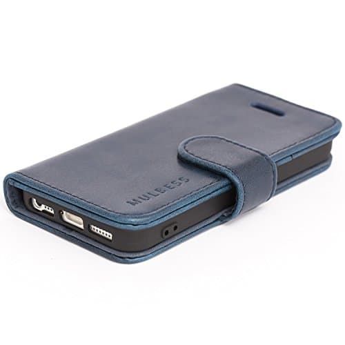 Mulbess Etui Coque pour iPhone 5s / 5 / iPhone SE 2016 - Housse en Cuir - Fentes pour Cartes - Pochette Protection Portefeuille - Rétro Marine Bleu