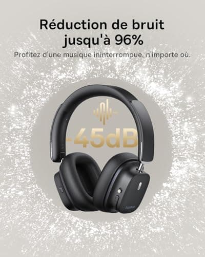 Baseus Casque Réduction De Bruit Active Avec Audio Spatial, Casque Sans-fil Bluetooth Avec LDAC Hi-Res Sound, 65H d'autonomie, Basses Profondes, Mode Transparence, EQ personnalisé via l'appli, Pliable