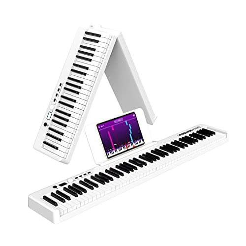 TERENCE Pliable Piano Numérique avec 88 Touches semi-lestées et Batterie de 1800mAh et interface USB MIDI support de partitions Bluetooth Sacs pour Clavier Câble audio Casque Pédale de sustain Blanc