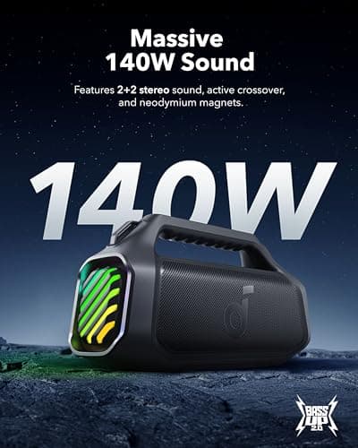 Soundcore Boom 2 Plus Enceinte Bluetooth puissante, 140W, 2+2 canaux stéréo, BassUp 2.0,Charge Rapide 30W, 20h, IPX7, lumières RGB, USB-C, pour l'extérieur, Le Camping, la Plage et Le Jardin