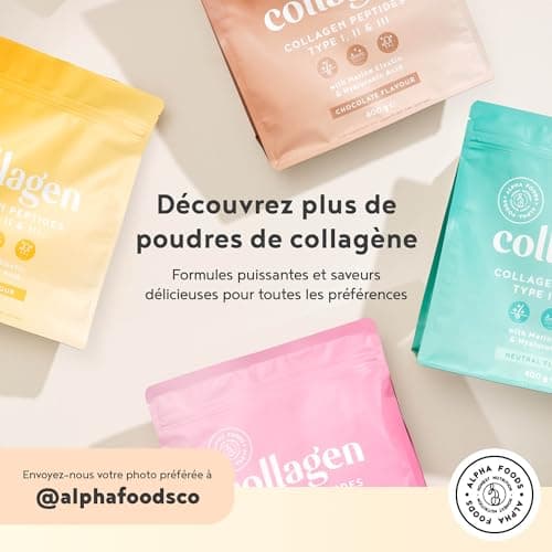Collagene Poudre [400gr] | Collagen Peptides (Type I, II & III) | Vitamine C + E + Guarana + Acide Hyaluronique | Collagène Hydrolysé en Poudre pour Articulations, Ongles & Peau | Citron | Alpha Foods
