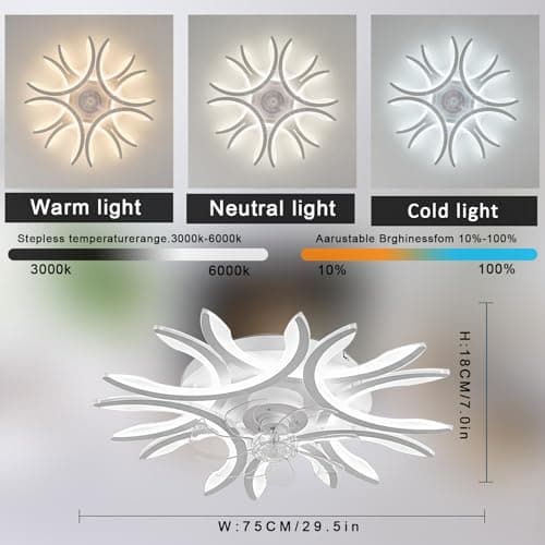 Lampe De Plafonnier Ventilateur De Plafond Led 75cm APP Ventilateur Plafond Avec Lumiere Et Telecommande LED Réversible Dimmable 6 Vitesses Avec Fonction Mémoire De Lustre Ventilateur-White