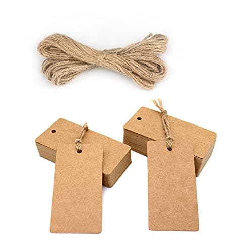 jijAcraft Étiquettes Papier Kraft Etiquette Cadeaux Rectangulaire 9x4,5cm, 100 pièces et Ficelle de Jute, pour Mariage Noël Anniversaire Artisanat (marron)