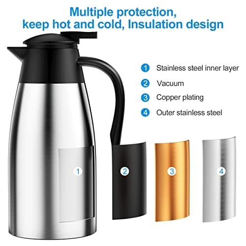 Uootach 2 L Bouteille Isotherme en Acier Inoxydable, Bouilloires isolées sous vide, Isolation thermique 24 heures, pour bouilloires, théières et cafetières pour garder boissons chaudes