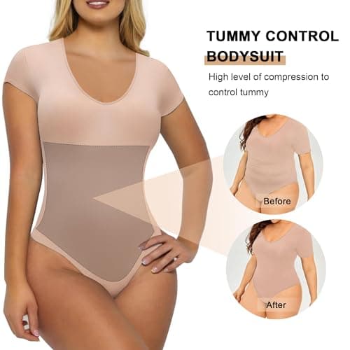 SHAPERX Gaine Ventre Plat Femme Body Sculptant Combinaison Gainante Invisible Shapewear Bodysuit T-shirt Manche Courte Top, UK-SZ5294-Sand-2XL/3XL