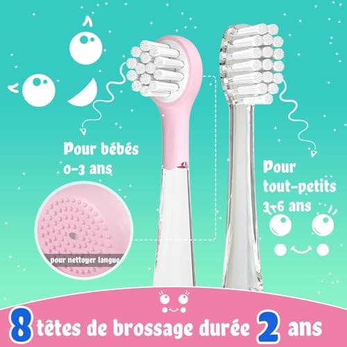 seago recharge brosse a dent enfant, brosse a dent electrique enfant de 2 ans à 6 ans, brosse a dent bebe avec lumière LED 8 têtes, minuteur et vibrations (rosa)