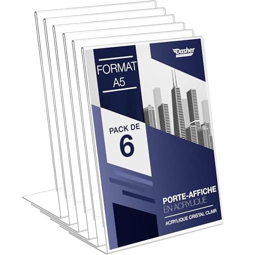 Supports de panneau en acrylique à dos incliné A5 - Cadre photo transparent pour panneaux, brochures, dépliants, menus, affichage - Tableau à message en Plastique (A5 - Lot de 6)