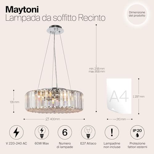 MAYTONI DECORATIVE LIGHTING Lustre à suspension en cristal grand moderne rond style contemporain, en métal couleur chrome excl 6 x 60W E27 230V