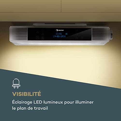 AUNA KR-140 - Radio de Cuisine encastrable, Bluetooth, Radio Dab+, 40 Stations programmables, 2x3W RMS, Écran Tactile, Mains-Libres, Éclairage LED, Minuterie de Cuisson - Blanc