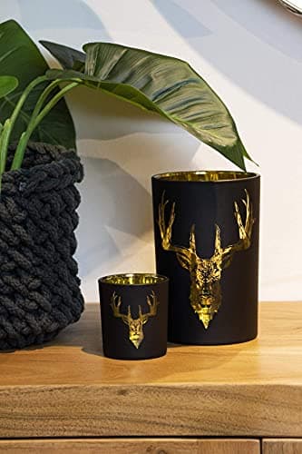 EDZARD Photophore en verre, pour bougie, chauffe-plat, motif de cerf, extérieur en noir et intérieur doré, hauteur : 18 cm, diamètre : 11,5 cm