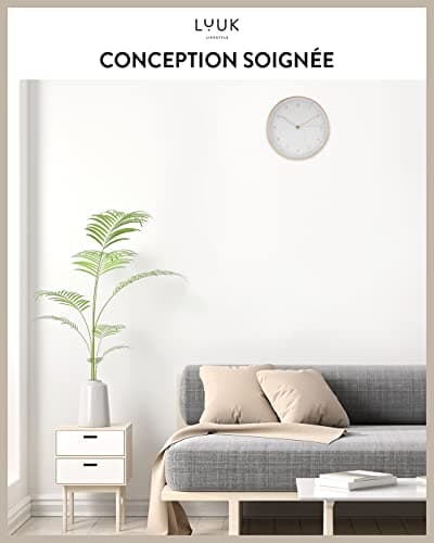 LUUK LIFESTYLE Horloge Murale silencieuse avec mécanisme à Quartz, Design scandinave, décoration pour Bureau, Cuisine, Couloir, Salle à Manger, en Blanc et Or