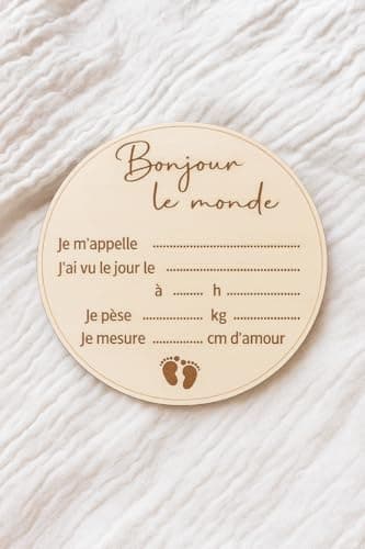 Carte bienvenue annonce naissance et prénom bébé en bois en francais - Disque prénom bébé, date, heure, poids et taille - Accessoire pancarte photo nouveau-né, souvenir maternité