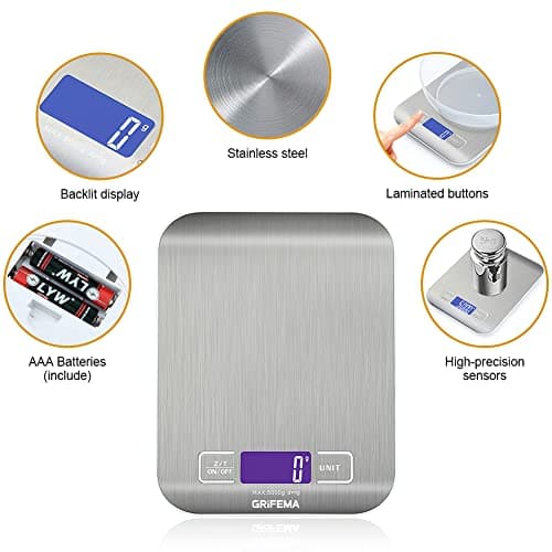 GRIFEMA GA2002 Balance de Cuisine Électronique de Haute Précision 5000g/1g avec Écran LCD Rétroéclairé, 6 Unités et Fonction Tare Acier Inoxydable, Smart Digital, pour Alimentaire Multifonctionnel
