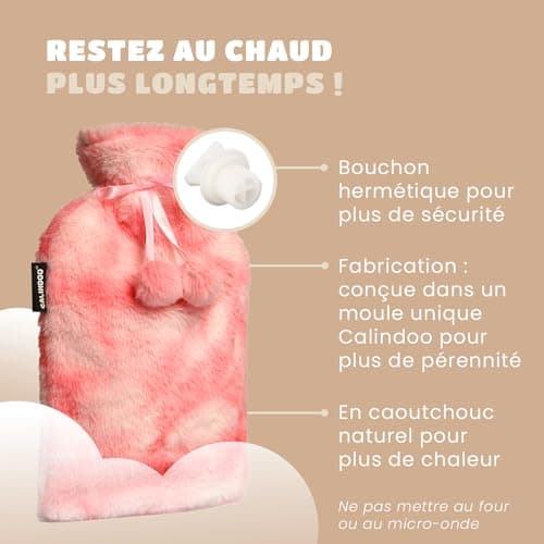 CALINDOO - Bouillotte Eau Chaude En Caoutchouc Naturel Avec Sa Housse Premium Toute Douce - Conçue Conçue Dans Un Moule Unique CALINDOO CALINDOO - Bouchon Hermétique - Housse Sherpa Tie Gris - 2L