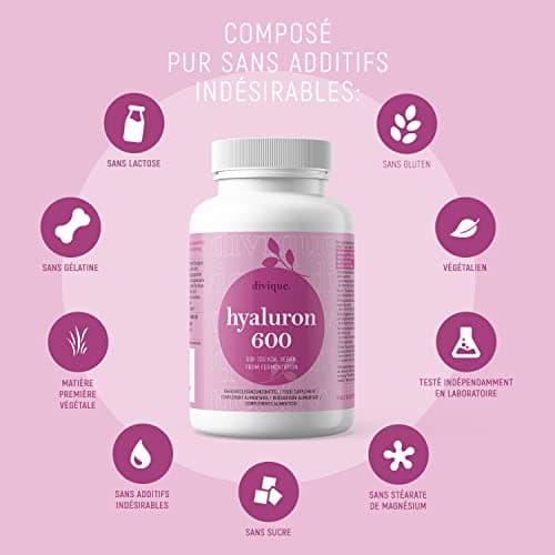 Acide hyaluronique gelules - Fortement dosées avec 600 mg - 90 gelules - Acide hyaluronique 500-700 kDa - avec vitamine C, zinc, cuivre, sélénium et biotine - végétalien, testé en laboratoire