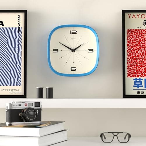 JONES CLOCKS® Horloge Murale Pulsar | Horloge rétro carrée Arrondie | 25 cm | Bleu | Look de Designer Cool pour Cuisine, Salon ou Bureau
