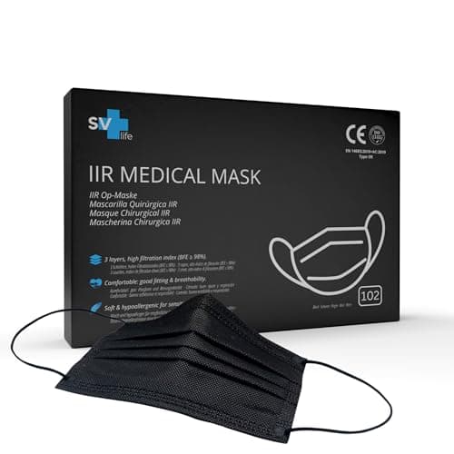 102 pcs Masque Chirurgical IIR usage Médical | Approuvé CE, 3 couches (BFE>99%), Protection Certifiée | Jetable - non Réutilisable, Confortable, taille Adulte, Couleur Noir