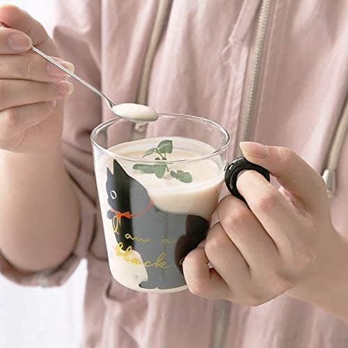 250ml Tasse en Verre Mug de Lait Chat Mignon Verre à Eau Transparent 3D avec Poignée Tasse Mug à Café Résistant à la Chaleur Micro-ondes Cup Coupe à Thé Chocolat Boisson pour Adultes Enfants (Noir)