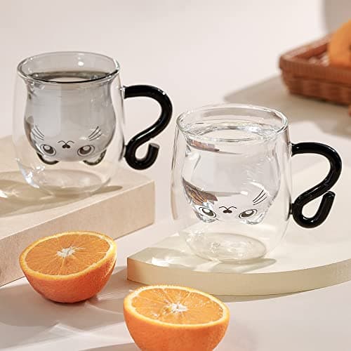 SHENDONG Tasses à café en verre avec poignée en forme de chat mignon - Double paroi isolée - Cadeau pour un anniversaire, la Saint-Valentin et le bureau (chat blanc)