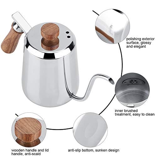 Théière Col de Cygne Bouilloire à Café en Acier Inoxydable Cafetière Goutte à Goutte Tasse de Café D'égouttement de La Bouteille de Poignée en Bois(350ML)