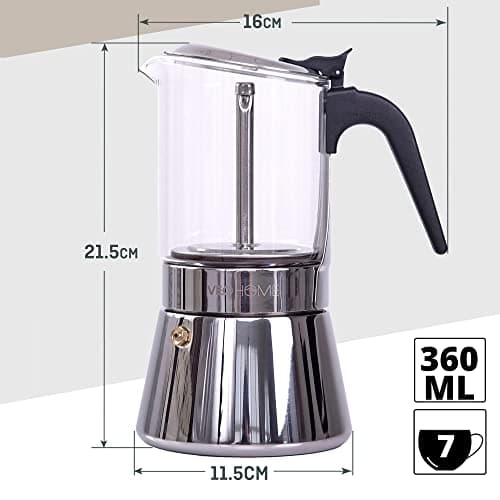VeoHome Cafetière Italienne en verre et inox 360 ML – Cafetière Moka Induction, Gaz, Céramique Style Expresso – 7 tasses, Sûre et Lavable au Lave-Vaisselle