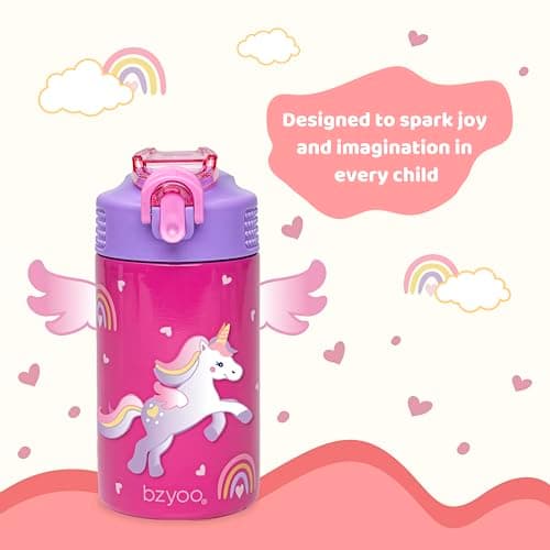 bzyoo Bouteille d'eau en acier inoxydable pour enfants 473,6 g – Étanche et facile à ouvrir ! Rose avec jolis motifs de licorne. Dispose d'une poignée et d'une fermeture sécurisée. Comprend une paille